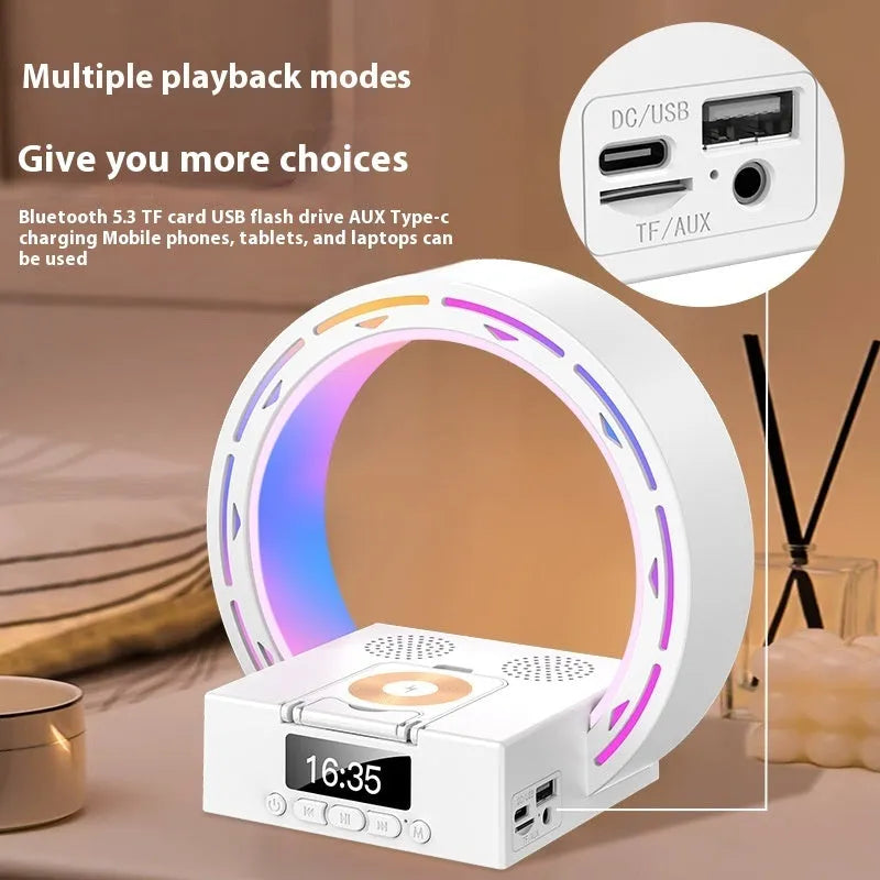 4-in-1 wireless Bluetooth speaker charging pad bedside lamp with alarm clock wake-up light in bedroom