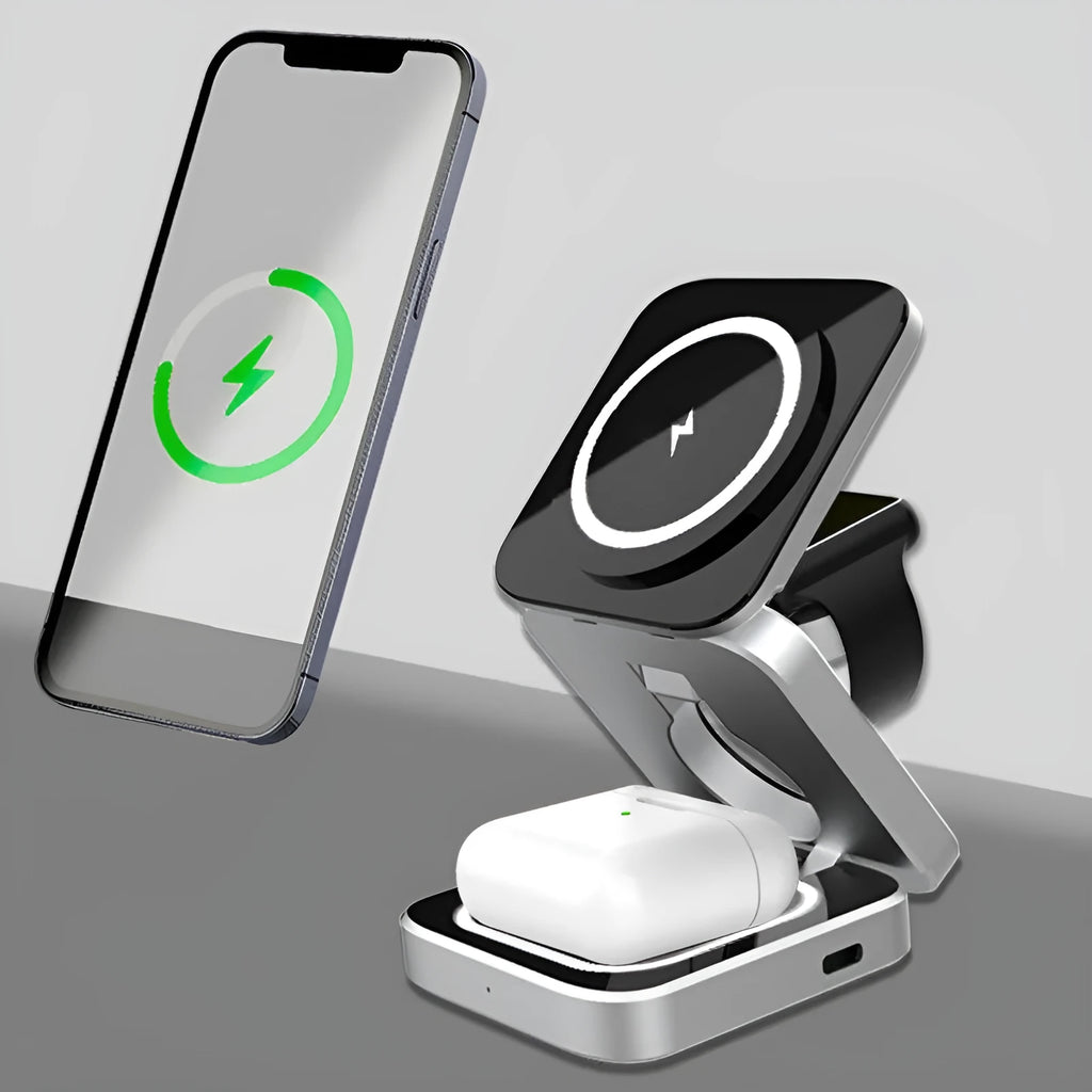 Three-in-one folding desktop wireless charging bracket for Apple Samsung and Google Pixel Watch with magnetic ring