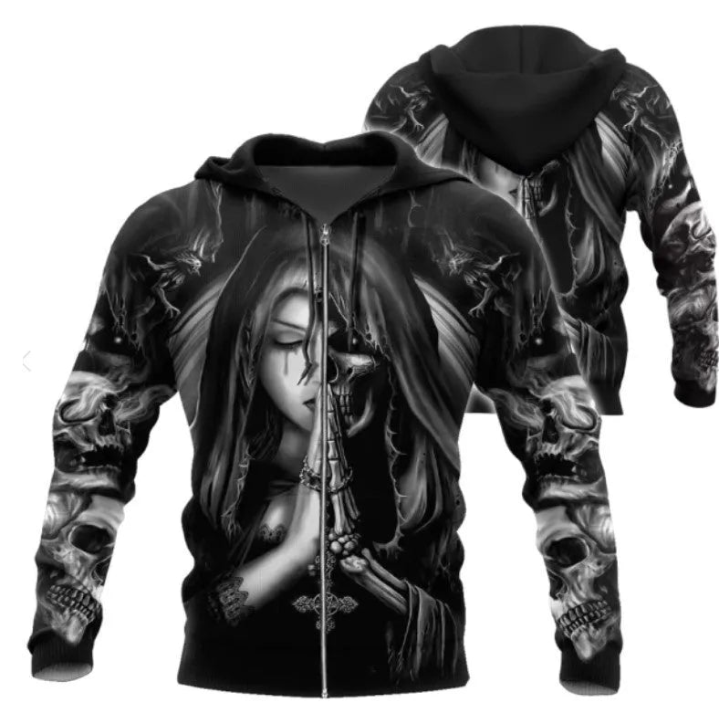 Adult wearing a black hooded sweatshirt with a large, textured 3D anime-style skull graphic on the front.
