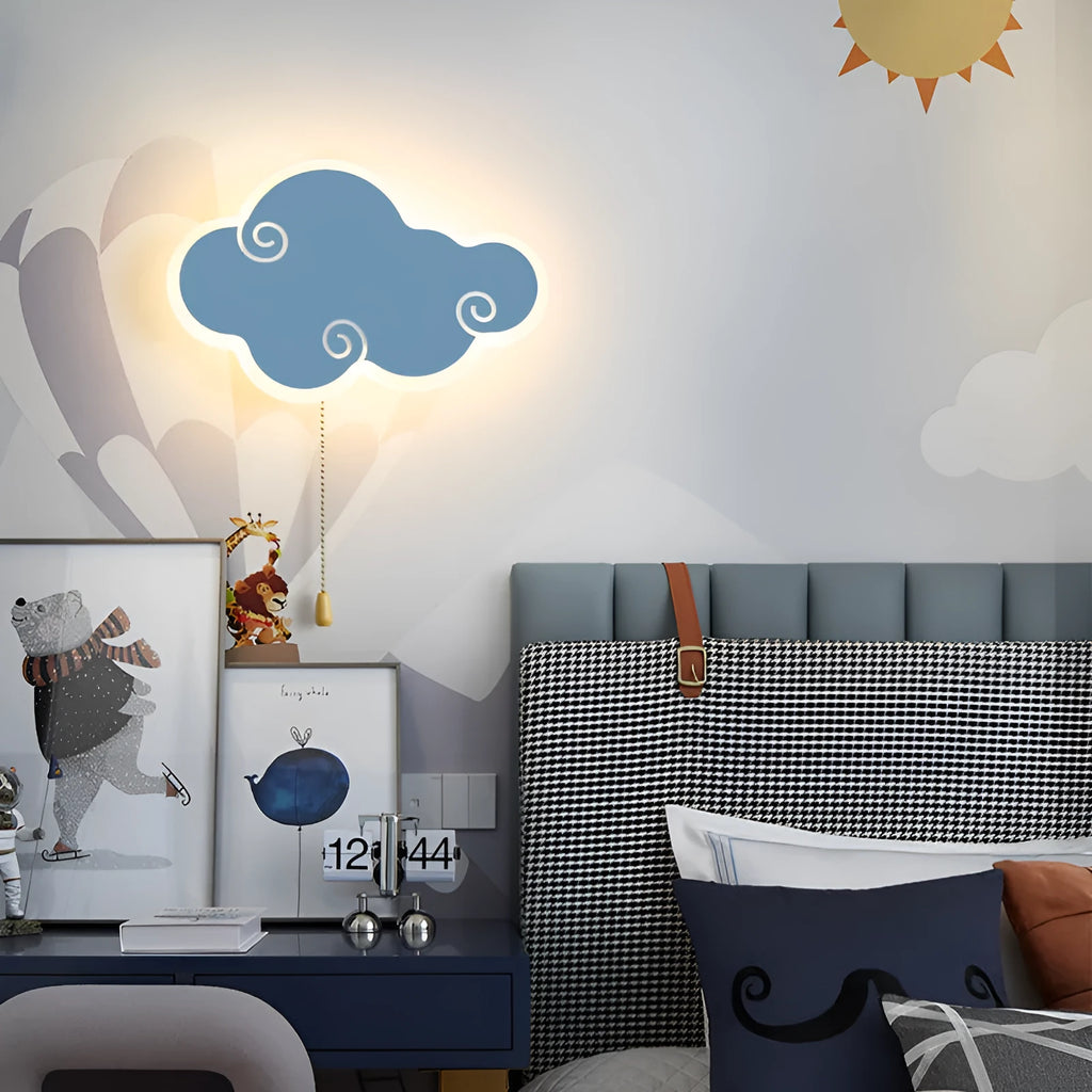 Modern white cloud-shaped acrylic wall mounted bedside lamp with touch control for children's bedroom.