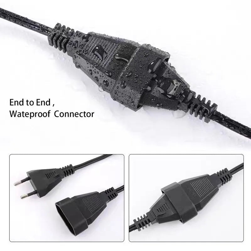 Outdoor waterproof LED lighting chain with warm light, plastic shell, IP44 rating, available in 7.5m, 16.5m, and 26.5m lengths.