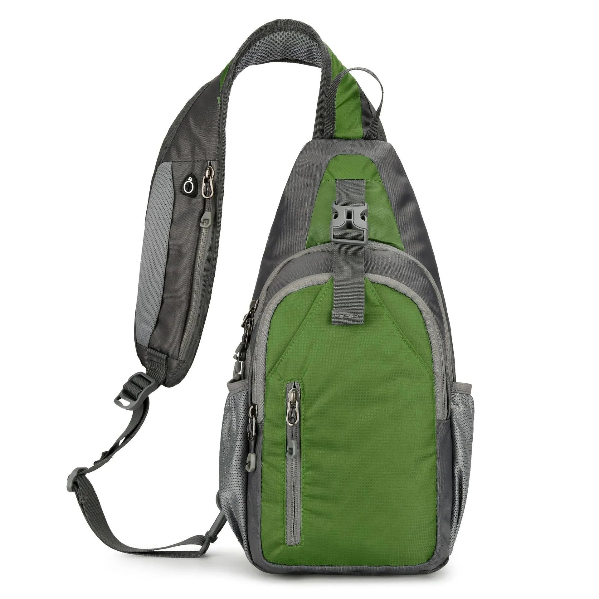 Nylon canvas crossbody chest bag in army green colour with contrast details for outdoor leisure use.