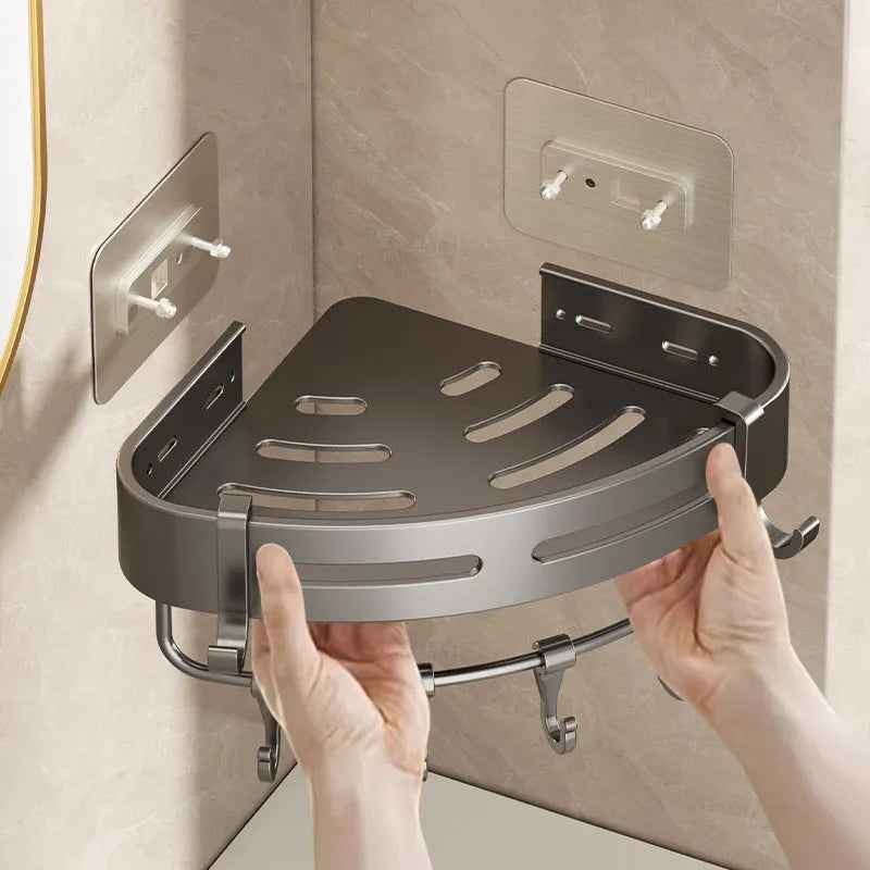 Punch-free fan-shaped corner shower rack, single layer, gun gray, with 15.00kg load-bearing capacity