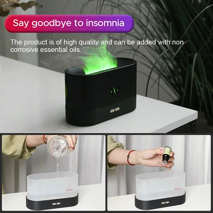 USB ultrasonic flame humidifier with RGB colour changing night light, 180ml tank, black and white options