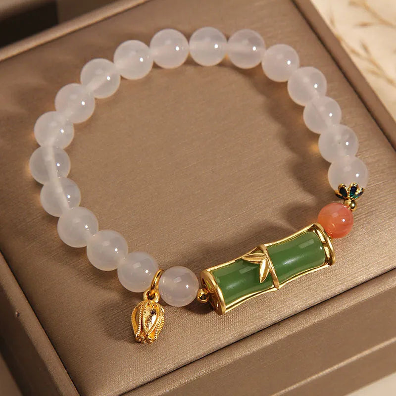 Chinese style bamboo beaded bracelet for women in white agate and jade with retro design