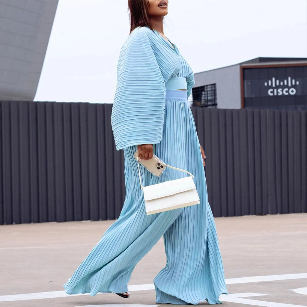Women's sapphire blue African suit two-piece set with batwing sleeves and wide-leg trousers