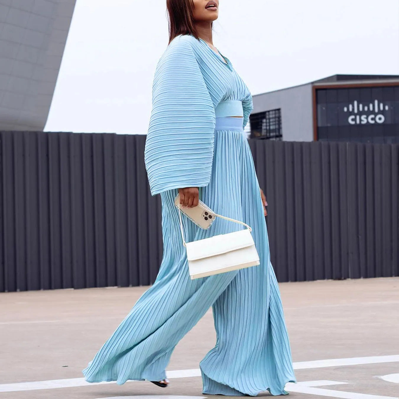 Women's sapphire blue African suit two-piece set with batwing sleeves and wide-leg trousers