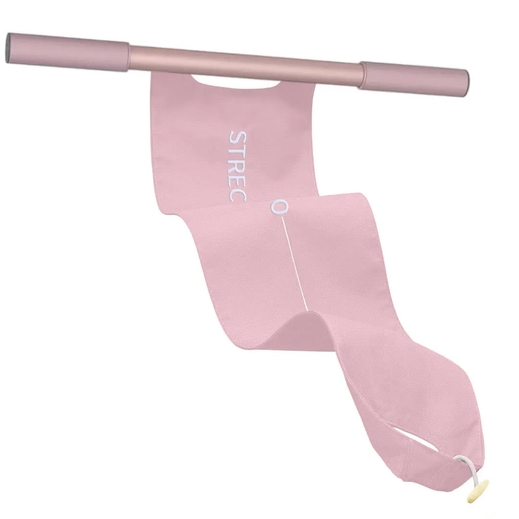 Grey and pink yoga multi-function stretching tool made of iron and plastic for shoulder and hip flexibility.