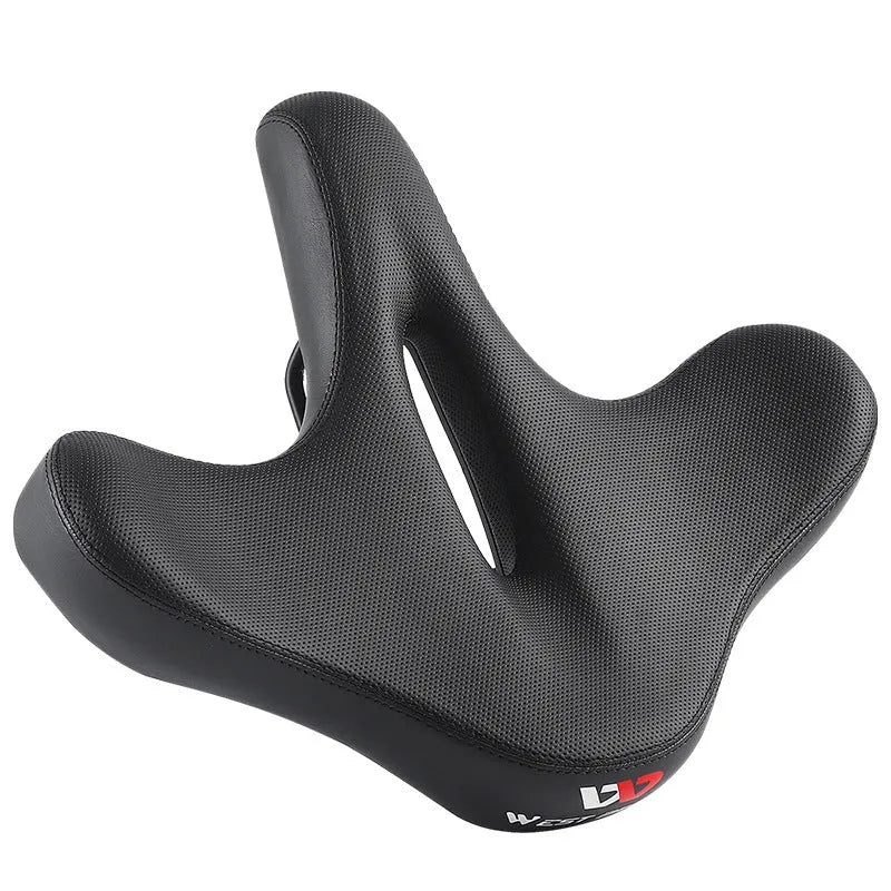 Black leather bicycle seat cushion with polyurethane foam for shock absorption on a bike saddle.