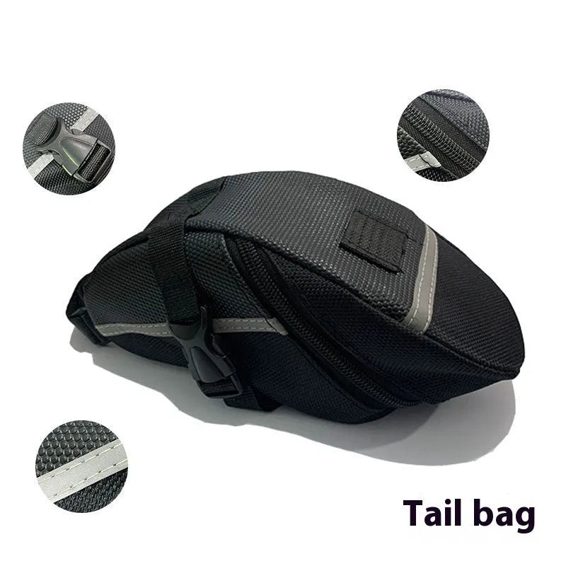 Black cycling tail bag with quick-release mounting for bicycle saddle