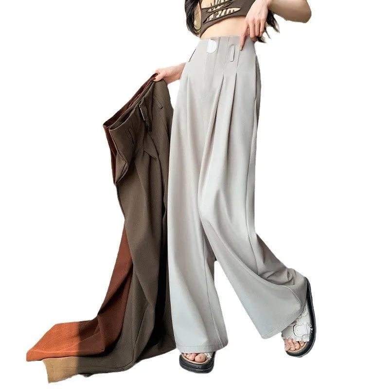 Women's high-waisted wide-leg pants in black, slightly elastic spandex fabric, loose straight fit, regular length
