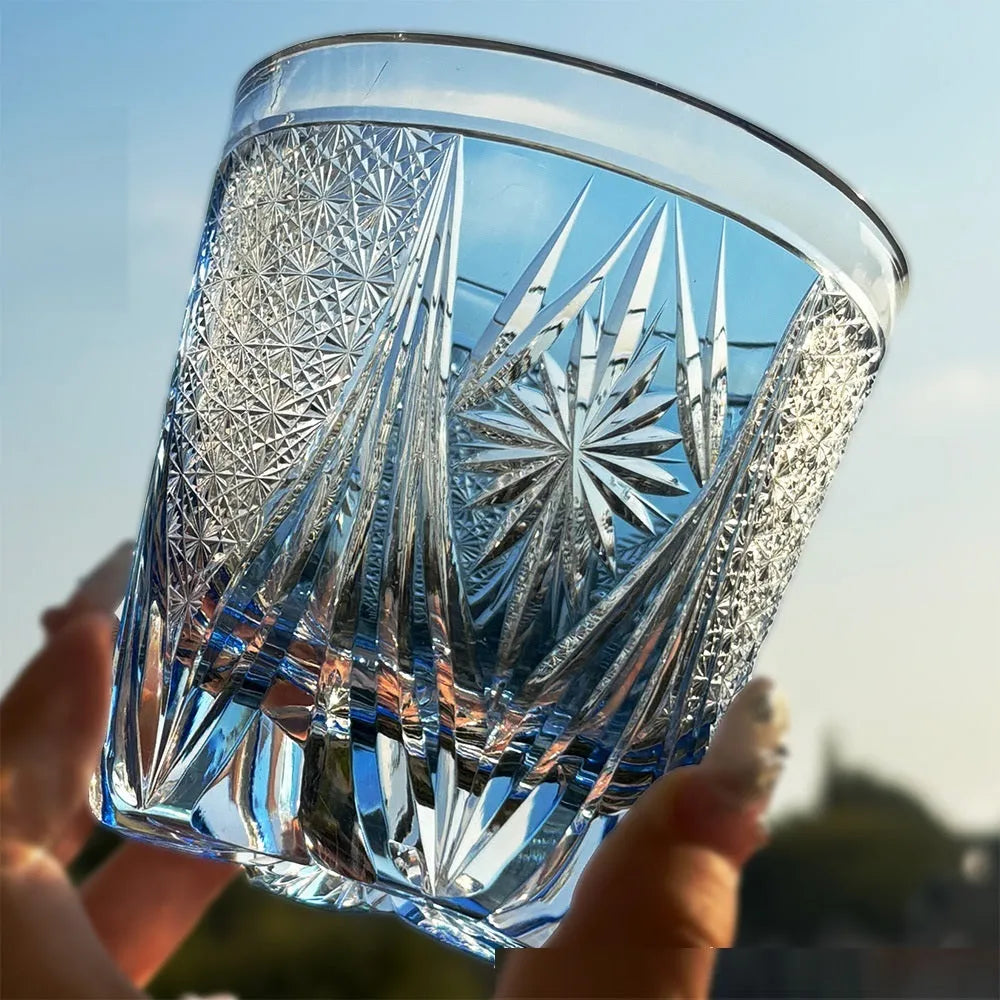 Hand-carved crystal whiskey glass 340ml blue retro style single