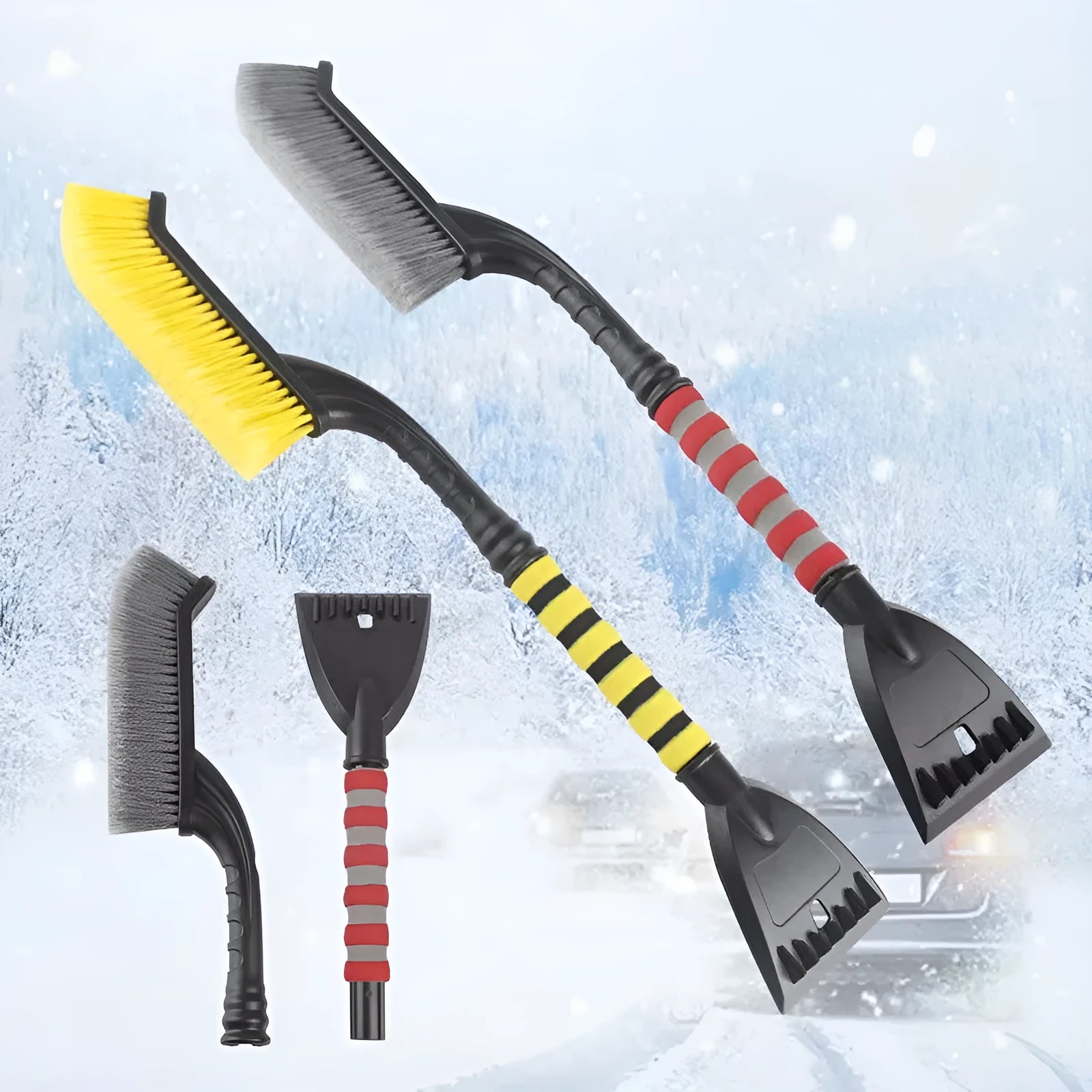 2 in 1 snow brush ice scraper for car windshield with red handle and foam grip