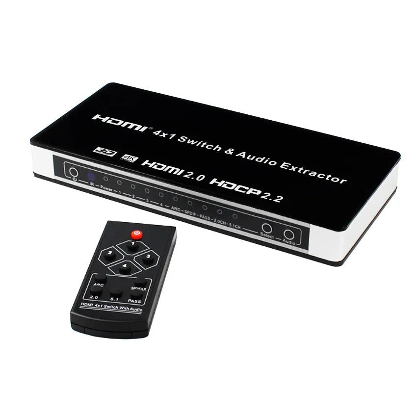 Black 4x1 HDMI switch with remote control for 4K video switching and audio extraction