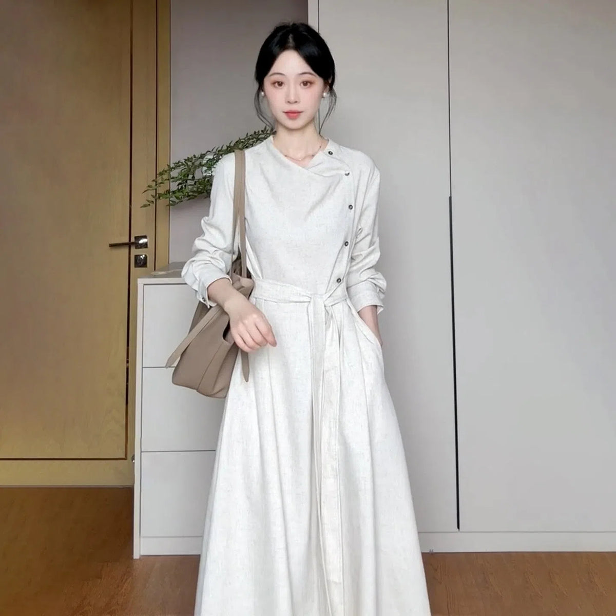 Apricot strapped long sleeve dress for women in polyester, sizes S to XL