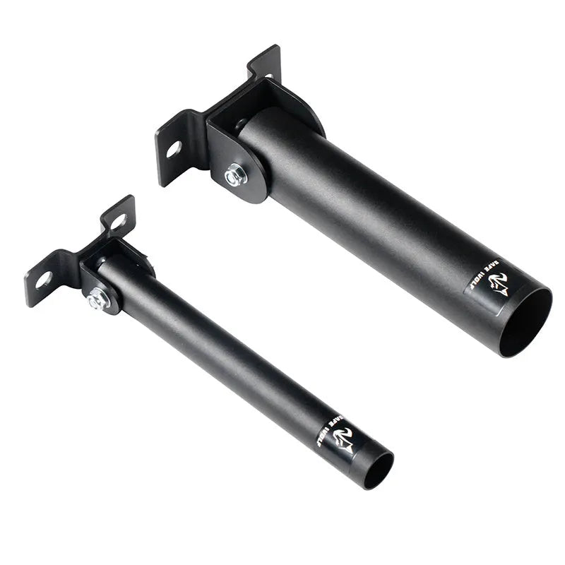 Wall-mounted steel pipe rack holding 25 barbell rods or cannon stand tubes