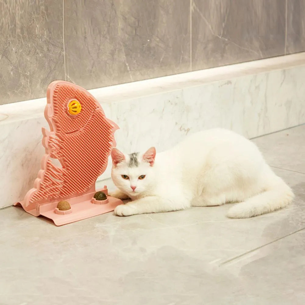 Blue, grey, or pink plastic fish-shaped cat wall scratcher toy set with catnip balls and a bell.