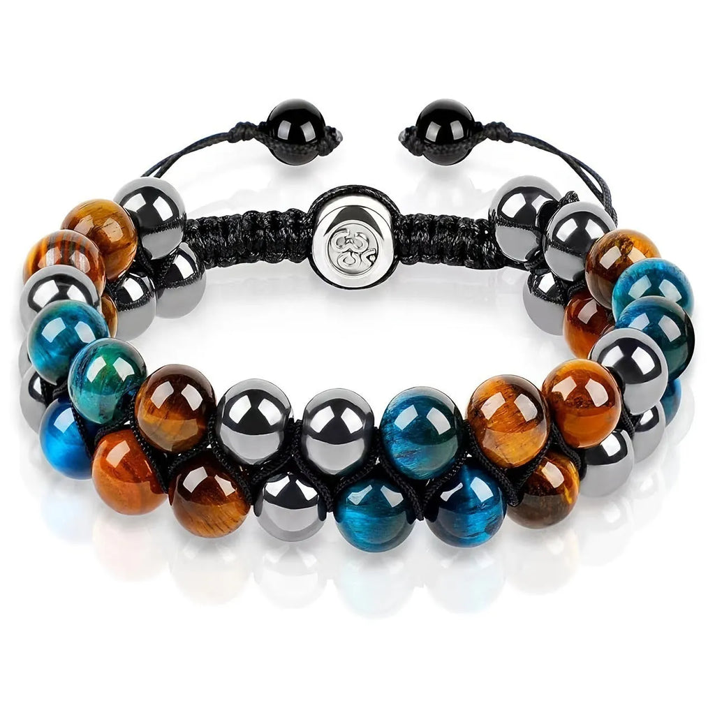 Handmade Tiger's Eye and alloy bracelet with auspicious elephant charms on wrist.