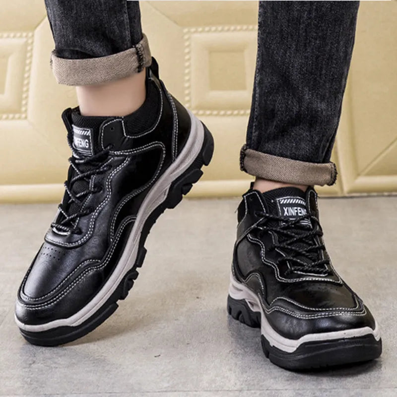 Men's winter warm ankle work boots in black cotton version, side view showing thick sole and front tie lacing