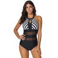 Women's plus size backless striped stitching one-piece swimsuit in black polyester, front view
