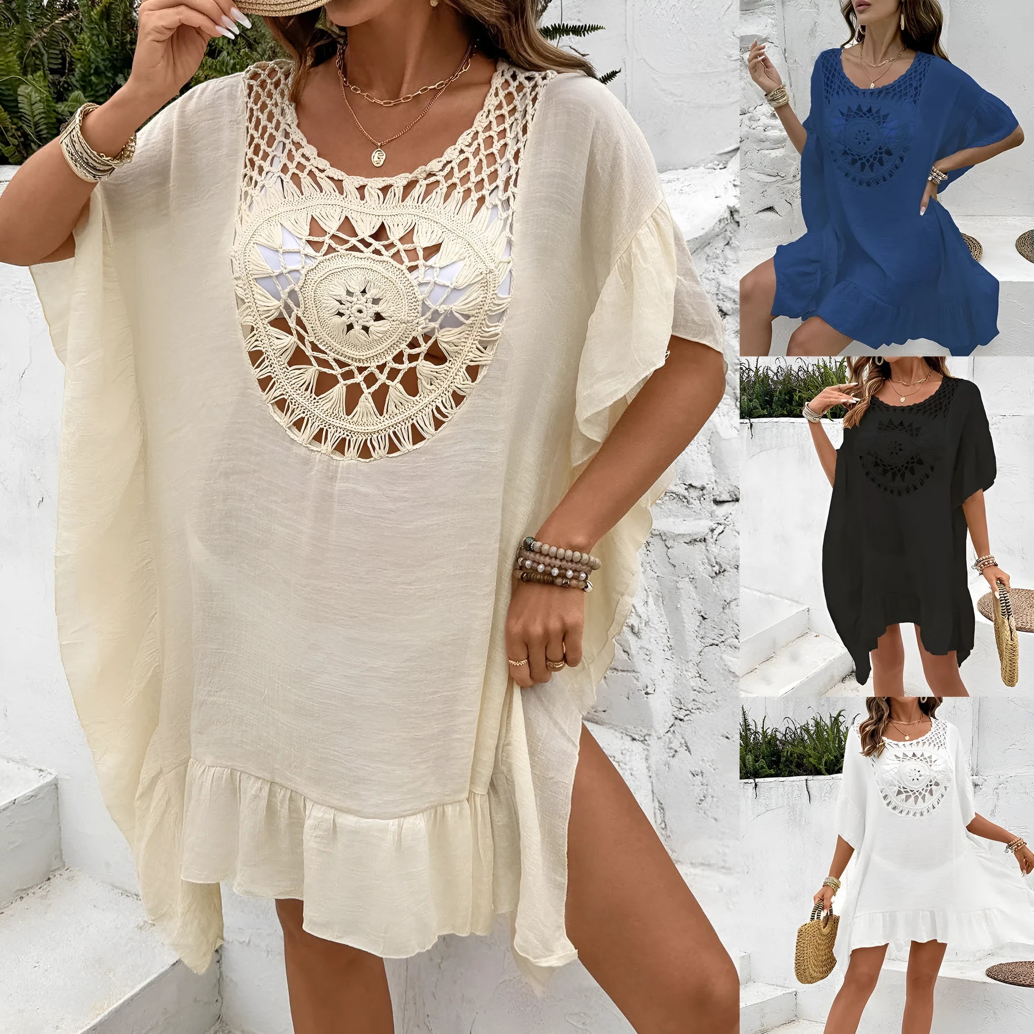 Apricot coloured beach dress with crochet stitching and tassel trim on a patchwork skirt.