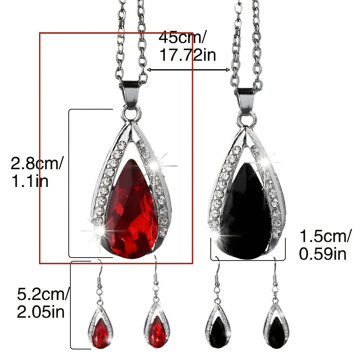 Black and red teardrop pendant alloy necklace and matching earrings set.