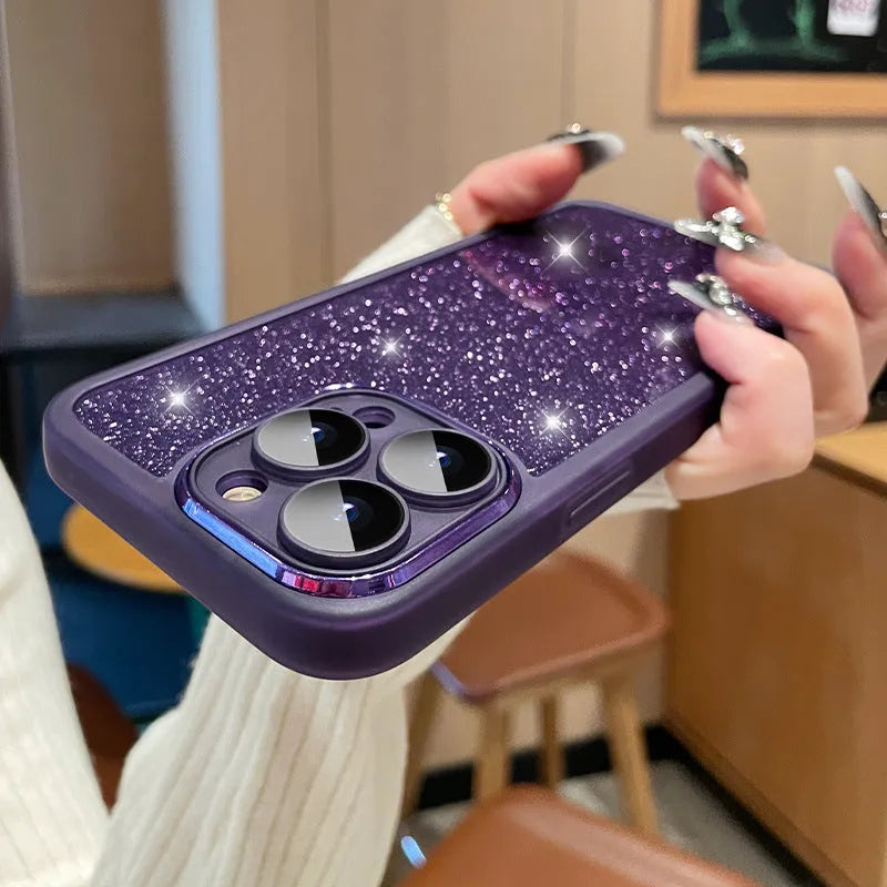 Transparent magnetic glitter gradient iPhone case showing silver electroplated finish on TPU soft rubber