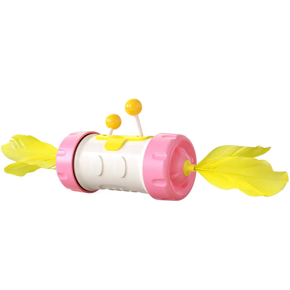 Adjustable cat fishing pole toy with colourful feathers and rolling tumble ball for interactive play