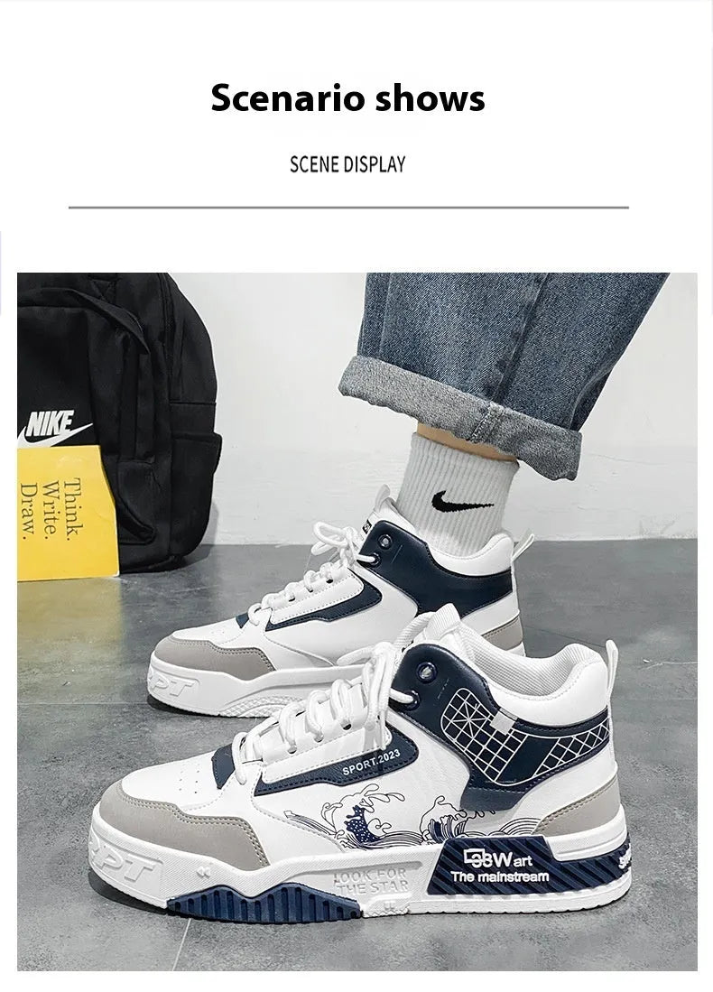 Men's casual high-top board shoes with rubber sole, broad fit, front lace-up, available in beige, white, and blue sizes 39-44.