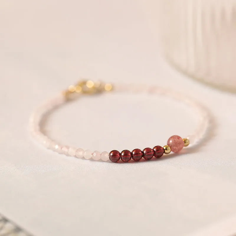 Handmade pink strawberry quartz crystal bracelet in 14cm, 15cm or 16cm sizes with animal or zodiac design