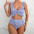 Women's floral flounce split swimsuit set in black floral – backless polyester briefs