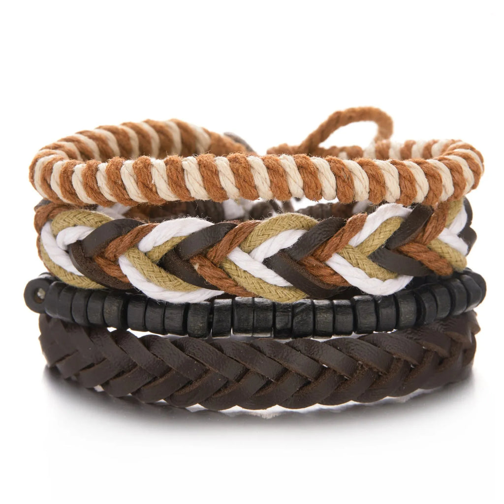 Bohemian ethnic style colourful leather bracelet set with geometric patterns on a neutral background