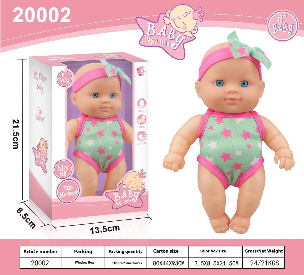 Vinyl baby figurine doll in presentation box, 21.5 cm tall, available in six colours.