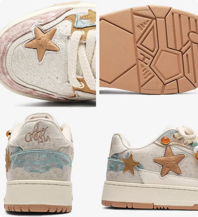 High-end platform sneakers with star pattern for couples in pink, lace-up closure, fabric upper