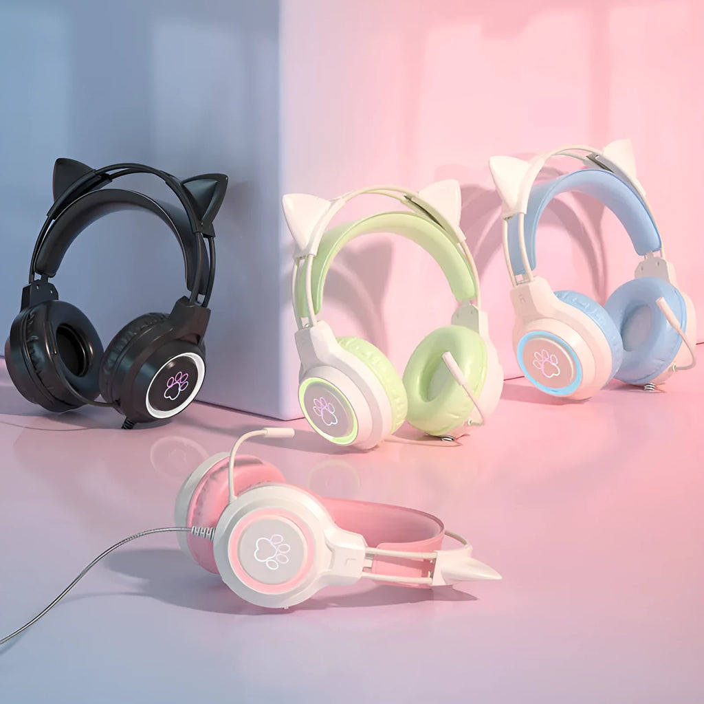 SY-G35 pink cat ear esports earphone with protein cotton earmuffs and woven cable for computer gaming