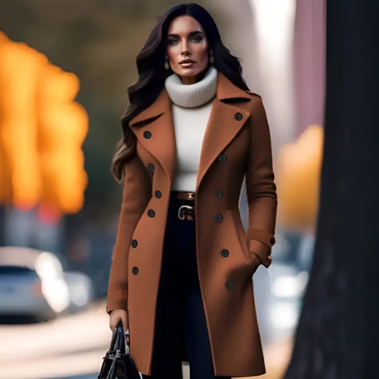 Women's dark brown double breasted chenille coat with splicing detail, slim fit, medium length, long sleeves