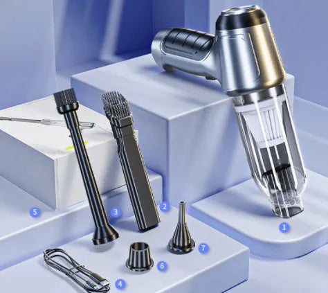 Handheld brushless motor car vacuum cleaner with flat and long suction nozzles and charging cable.