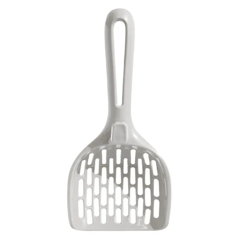 Grey plastic cat litter scoop with detachable base stand showing drainage slots