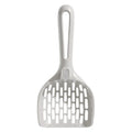 Grey plastic cat litter scoop with detachable base stand showing drainage slots