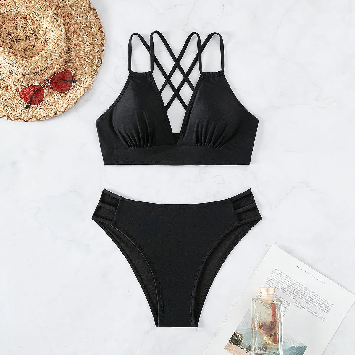 Women's V-neck halter bikini swimsuit in nylon fabric with bra and shorts