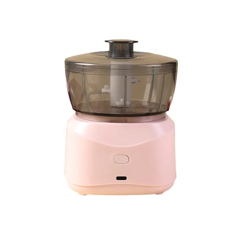 Light blue compact wireless food processor with bowl and blade, 1L capacity, quiet motor