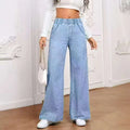 Light blue washed wide-leg denim jeans with straight-leg silhouette and zip-fly fastening