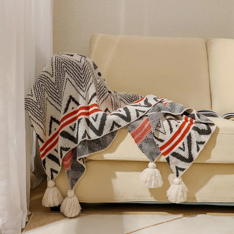 Bohemian acrylic sofa cover blanket with tassels in geometric pattern colours