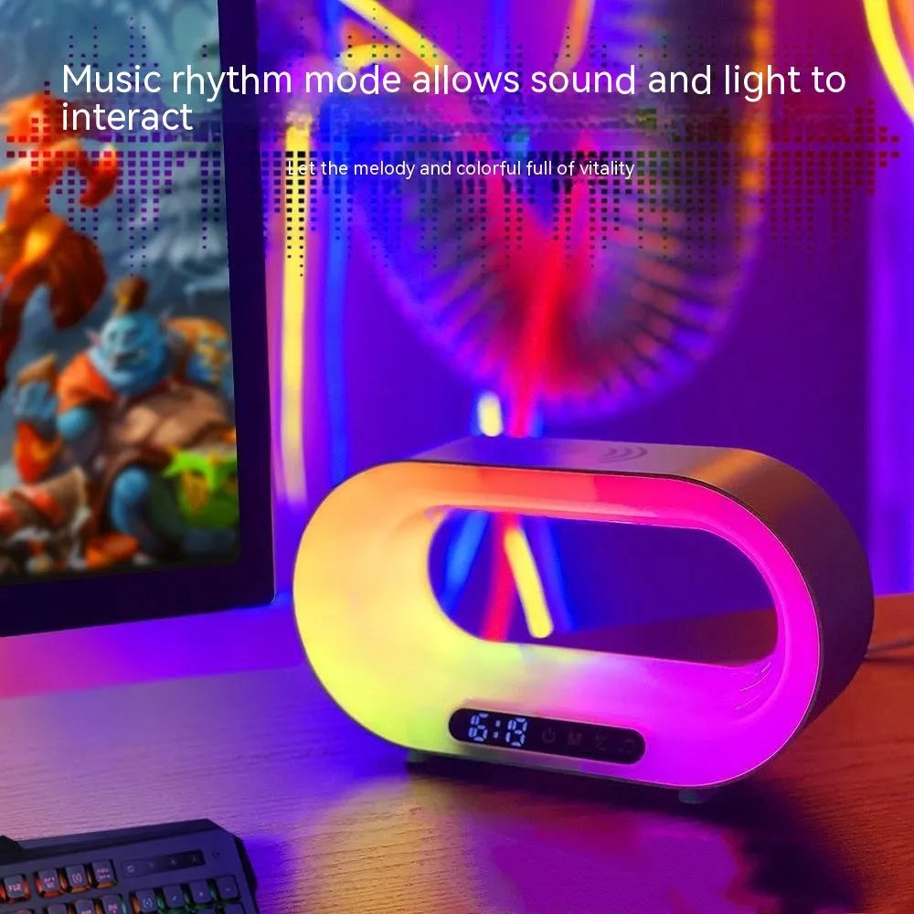 White smart desk lamp with central wireless charging pad and surrounding RGB LED light strip
