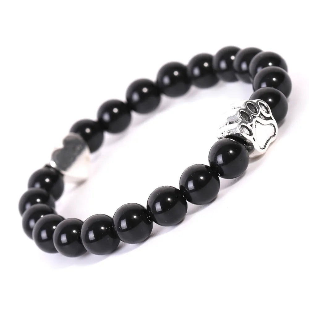 Tigereye stone bracelet with dog's paw charm, Indian agate beads, and a love heart charm on a beaded band.