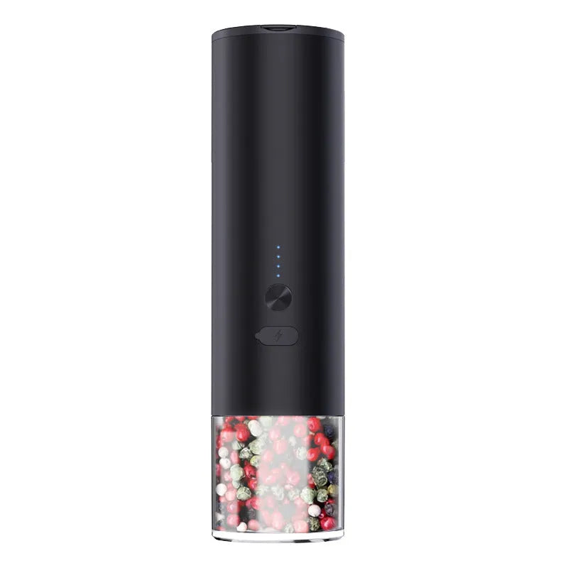 White and black electric salt and pepper grinders with USB charging ports and clear glass jars