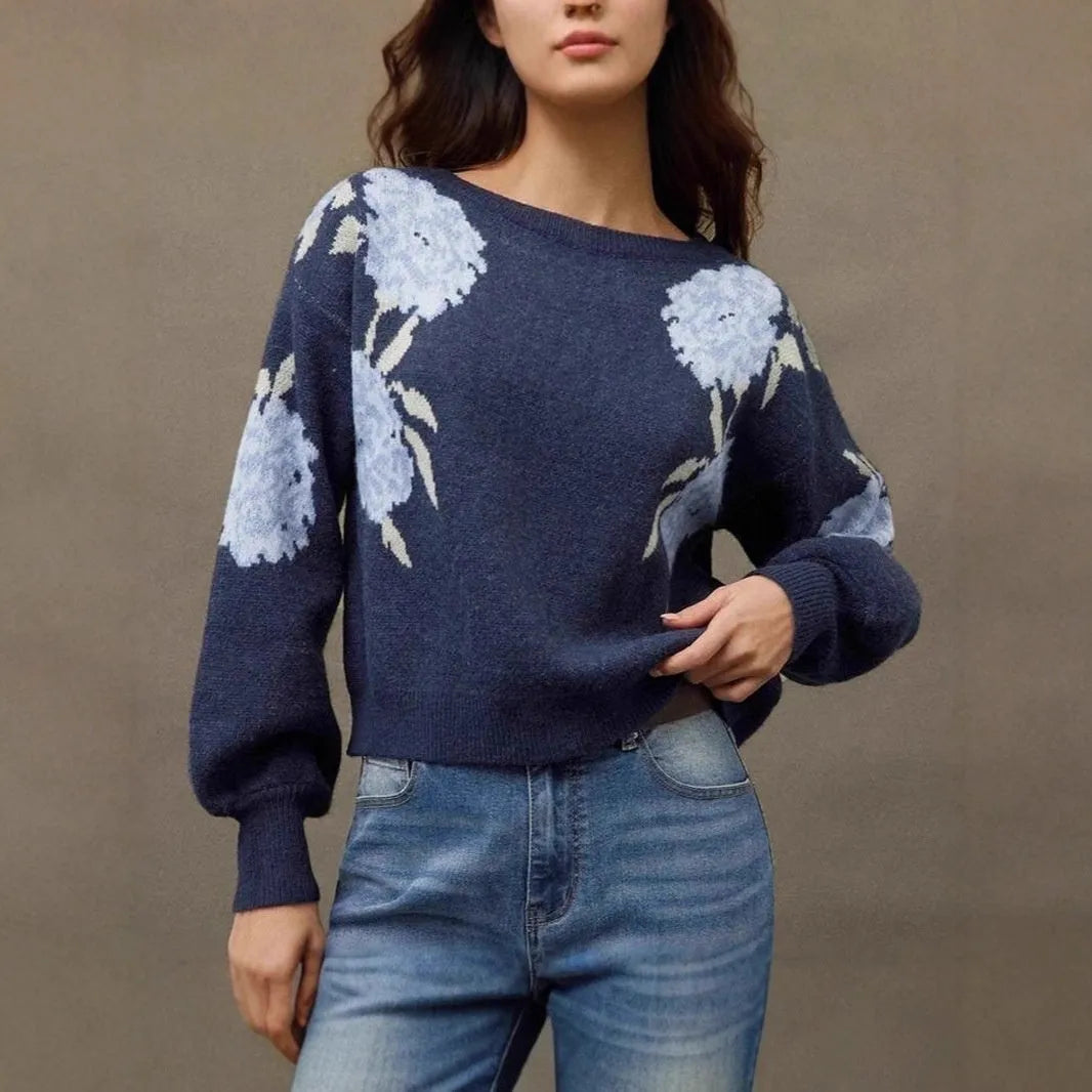 Sapphire blue women's pullover with floral jacquard pattern, loose fit, and off-neck design