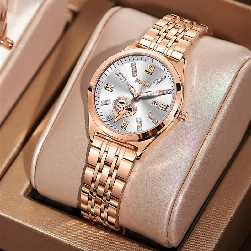 Women's fashion casual waterproof calendar luminous watch with alloy strap and Roman numeral rhinestone dial on white background