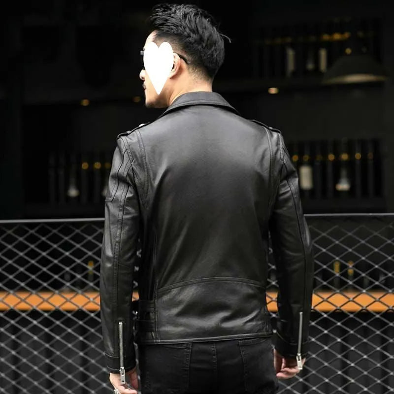 Men's black sheepskin leather jacket with lapel collar and front zipper, loose fit, shown on a model.