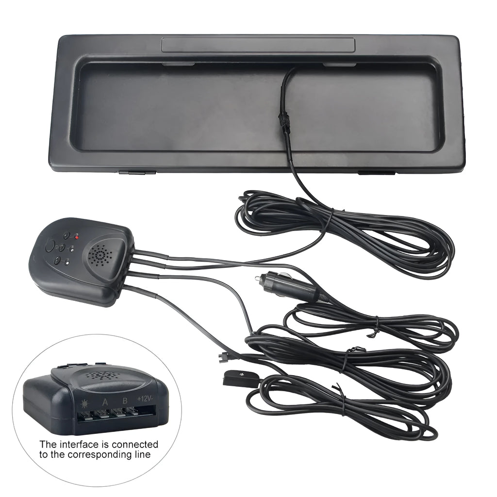 Set of two black iron license plate frames for Australian standard electric vehicle plates, pack dimensions 42.5x16x6cm